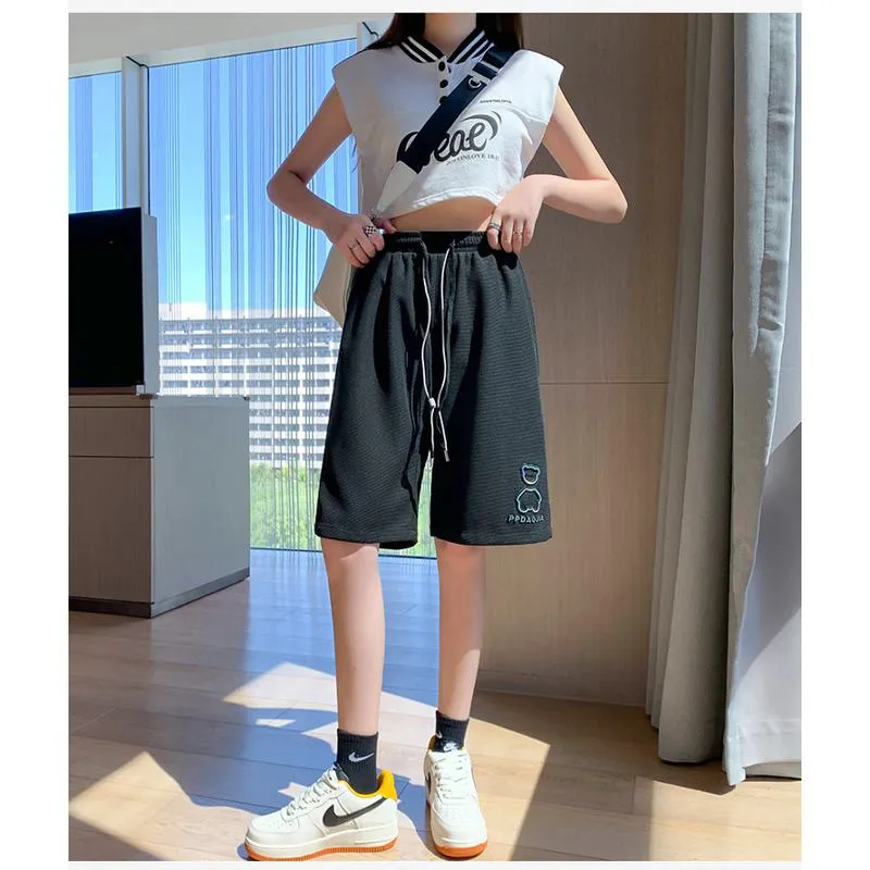 Bear Pattern Casual Wide-Leg Houndstooth Bermuda Sports Shorts