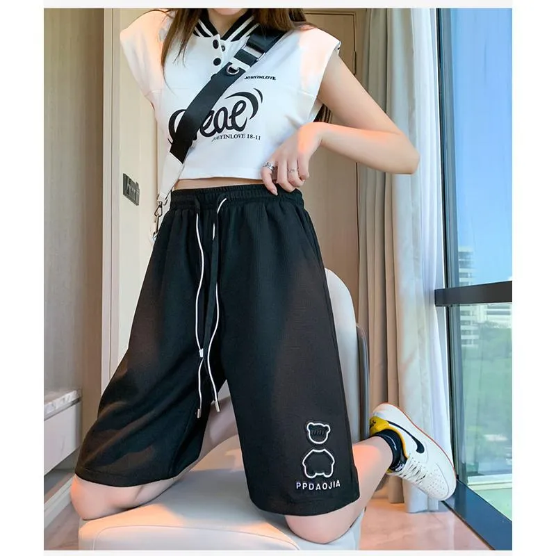 Bear Pattern Casual Wide-Leg Houndstooth Bermuda Sports Shorts