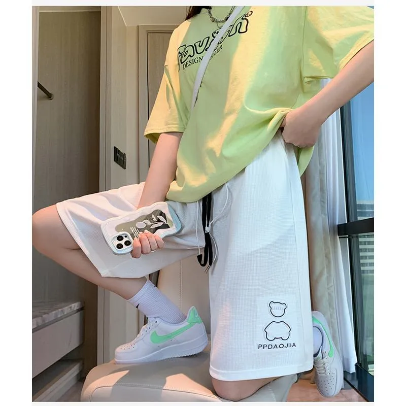 Bear Pattern Casual Wide-Leg Houndstooth Bermuda Sports Shorts