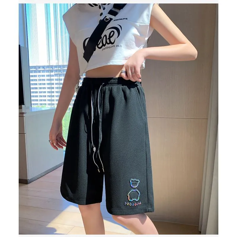 Bear Pattern Casual Wide-Leg Houndstooth Bermuda Sports Shorts