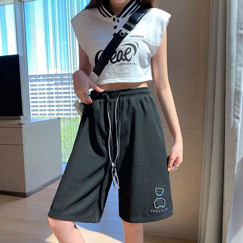Bear Pattern Casual Wide-Leg Houndstooth Bermuda Sports Shorts