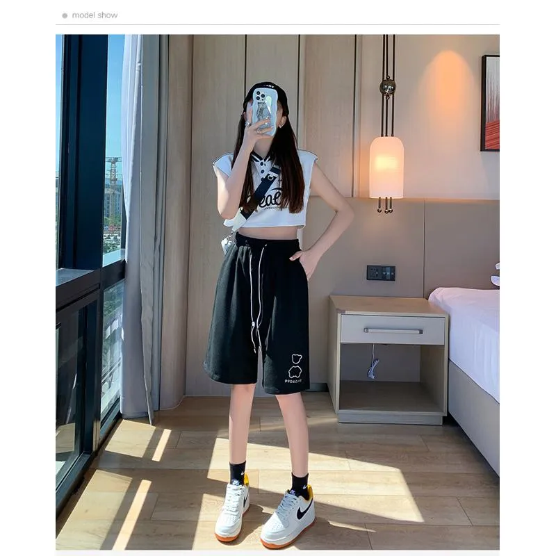 Bear Pattern Casual Wide-Leg Houndstooth Bermuda Sports Shorts