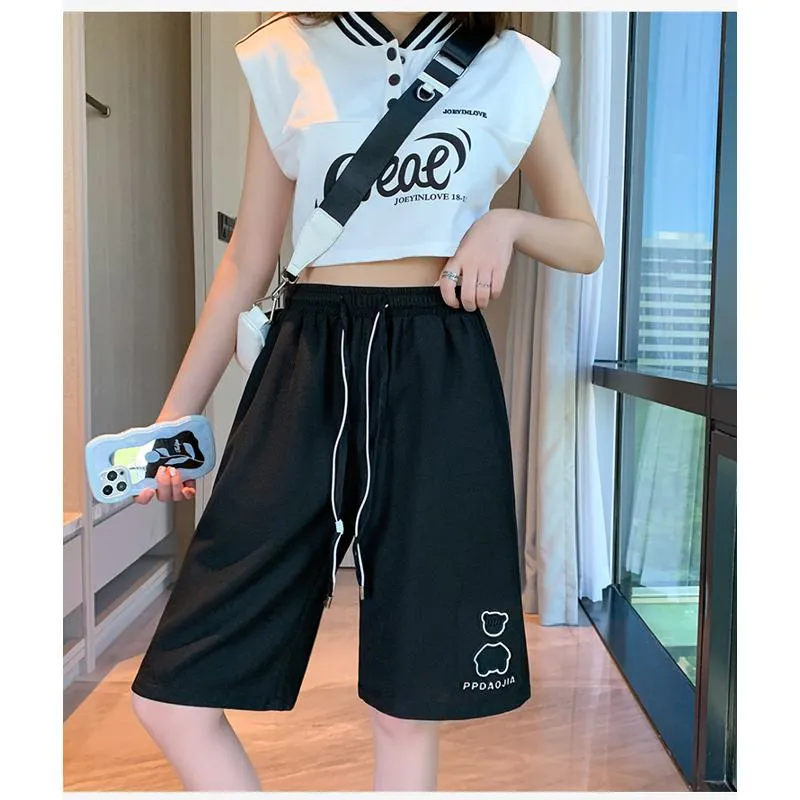 Bear Pattern Casual Wide-Leg Houndstooth Bermuda Sports Shorts
