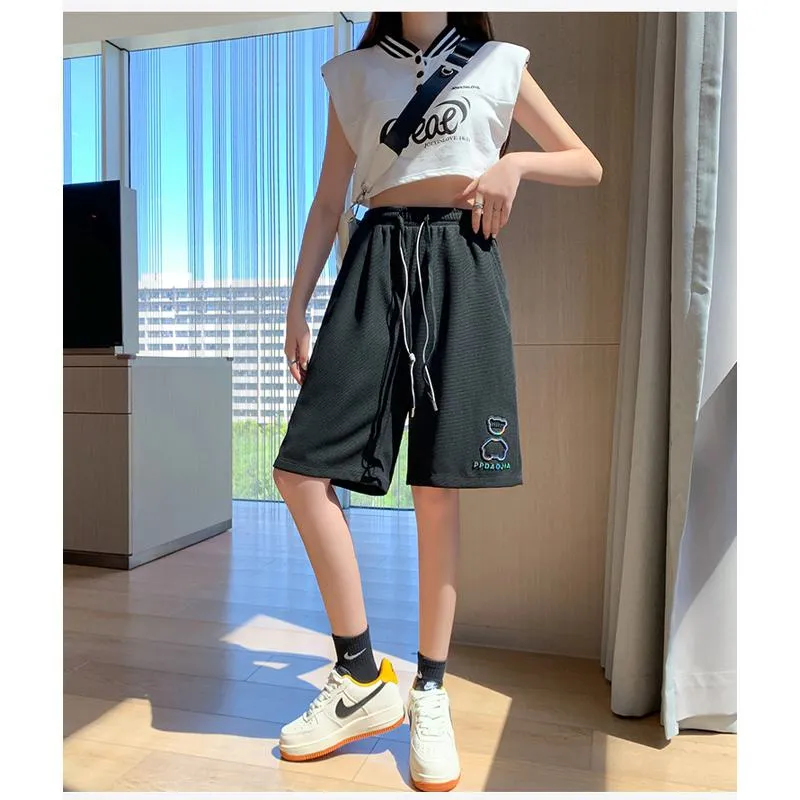 Bear Pattern Casual Wide-Leg Houndstooth Bermuda Sports Shorts