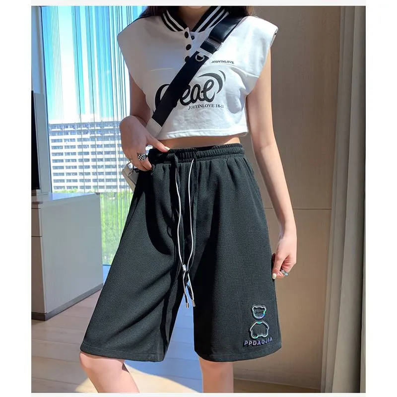 Bear Pattern Casual Wide-Leg Houndstooth Bermuda Sports Shorts