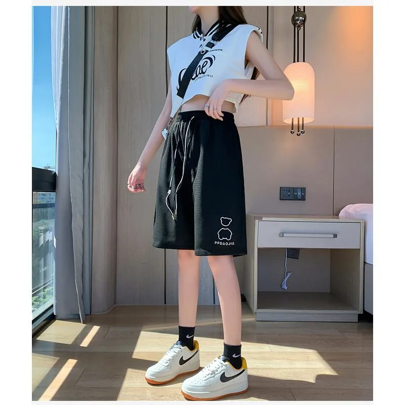 Bear Pattern Casual Wide-Leg Houndstooth Bermuda Sports Shorts