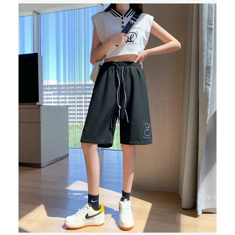 Bear Pattern Casual Wide-Leg Houndstooth Bermuda Sports Shorts
