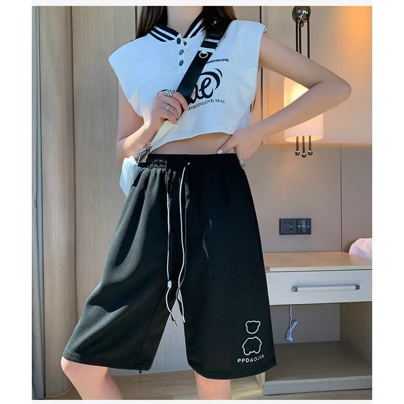 Bear Pattern Casual Wide-Leg Houndstooth Bermuda Sports Shorts