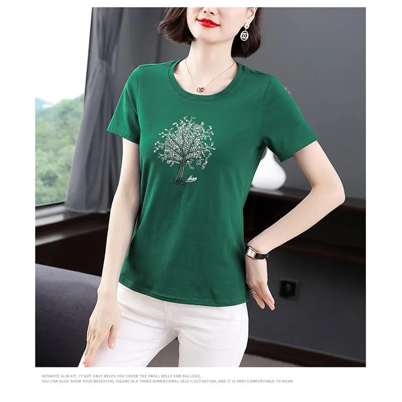 Cropped Round Neck Versatile Embroidery Slimming Short Sleeve Tee