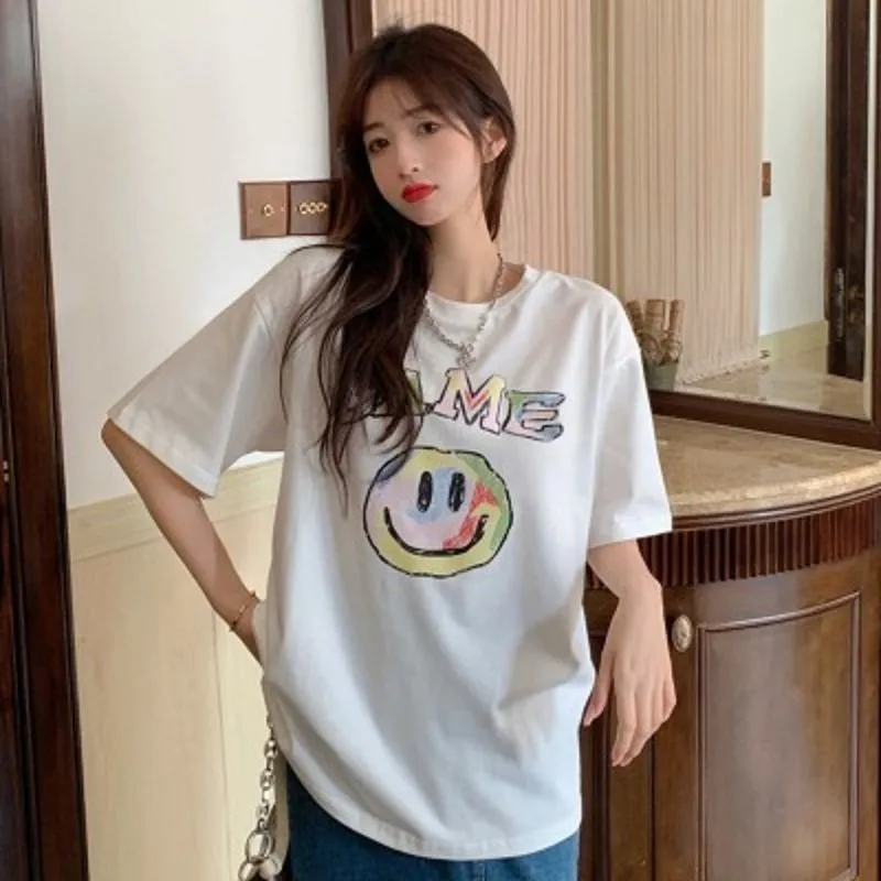 Daily Round Neck Versatile Print Casual Vitality Smiling Short Sleeve Tee