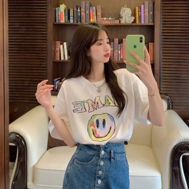 Daily Round Neck Versatile Print Casual Vitality Smiling Short Sleeve Tee