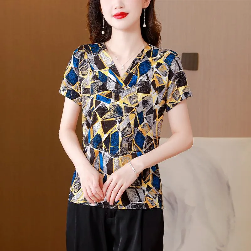 Double-Sided Pullover Print V-Neck Loose Fit Silky Luster Mulberry Silk Knitted Short Sleeve Tee