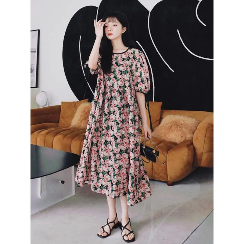 French Style Floral Print Chic Fat Covering Long Style Gentle Niche Casual Fashion Dress