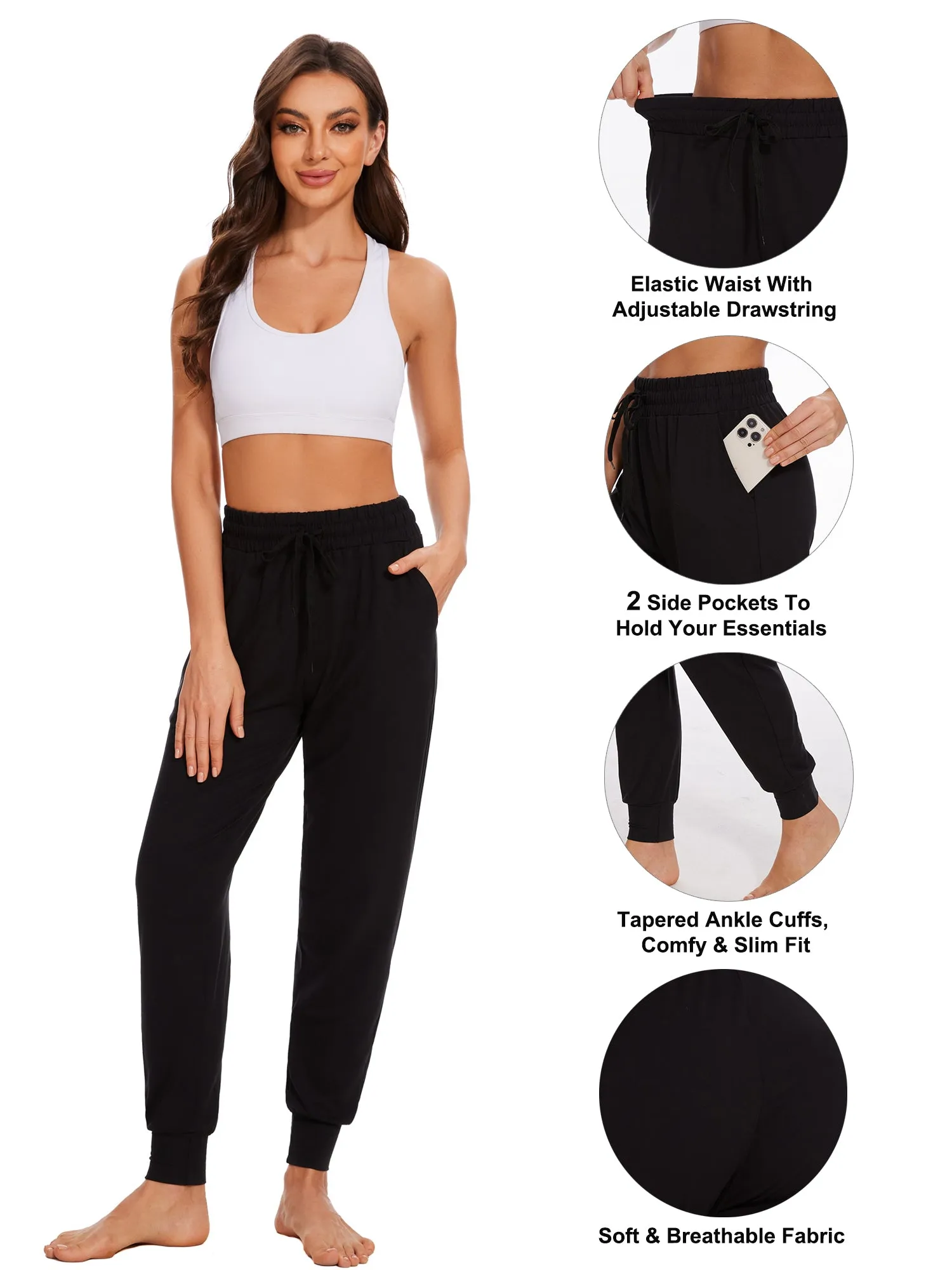 Hanerdun Womens Joggers Athletic Ninth Pants Pocket Elastic High Waist Yoga Bottoms