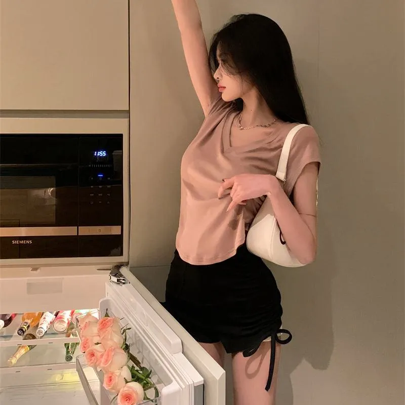 Irregular Casual High-Waisted Lycra Drawstring V-Neck Short Sleeve Tee