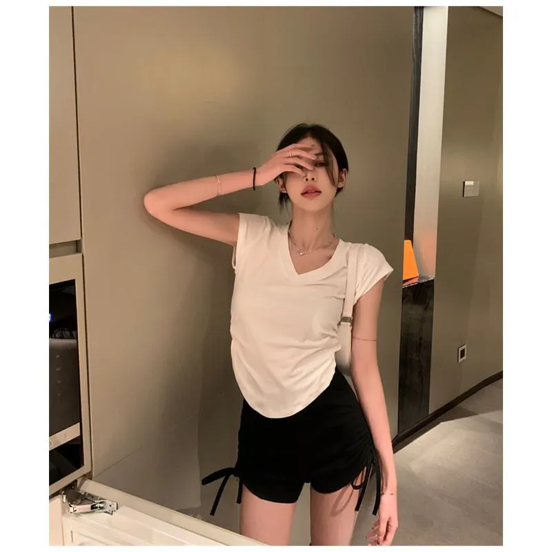 Irregular Casual High-Waisted Lycra Drawstring V-Neck Short Sleeve Tee