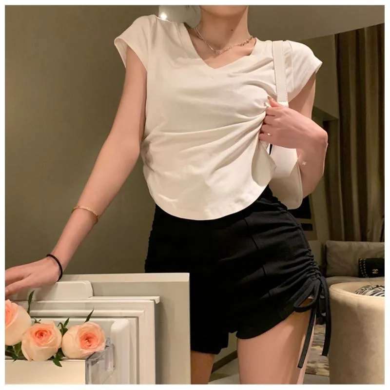 Irregular Casual High-Waisted Lycra Drawstring V-Neck Short Sleeve Tee