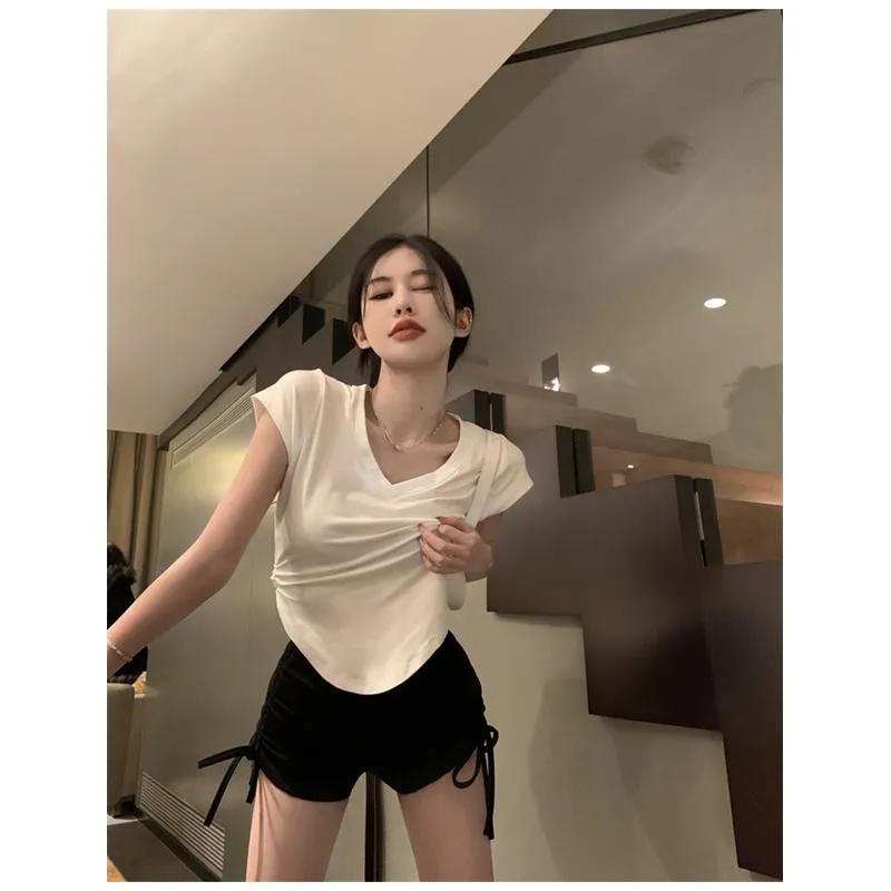 Irregular Casual High-Waisted Lycra Drawstring V-Neck Short Sleeve Tee