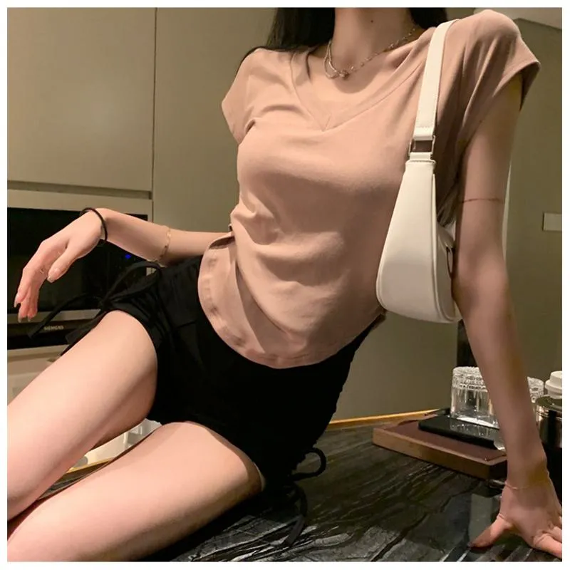 Irregular Casual High-Waisted Lycra Drawstring V-Neck Short Sleeve Tee