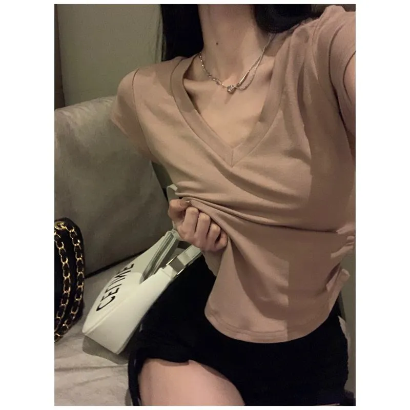 Irregular Casual High-Waisted Lycra Drawstring V-Neck Short Sleeve Tee