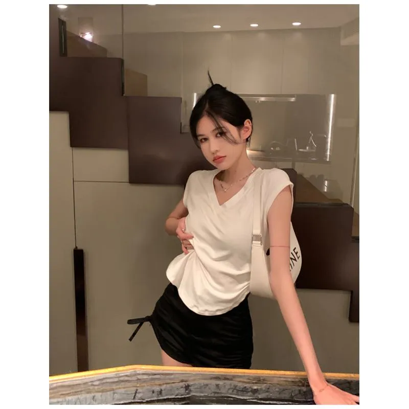 Irregular Casual High-Waisted Lycra Drawstring V-Neck Short Sleeve Tee
