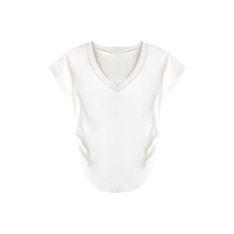 Irregular Casual High-Waisted Lycra Drawstring V-Neck Short Sleeve Tee