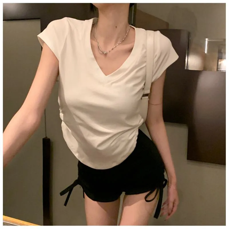 Irregular Casual High-Waisted Lycra Drawstring V-Neck Short Sleeve Tee