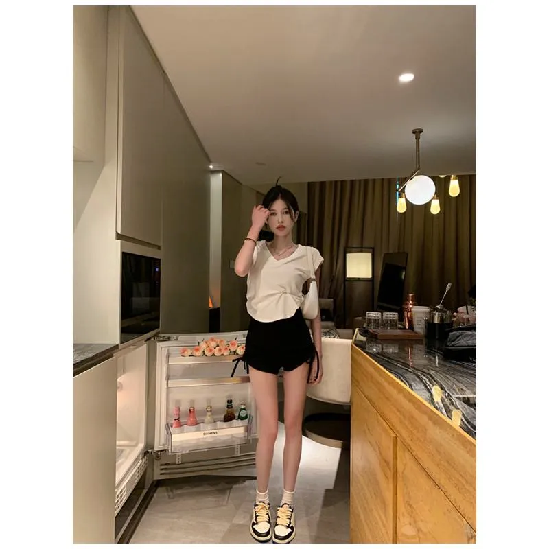 Irregular Casual High-Waisted Lycra Drawstring V-Neck Short Sleeve Tee
