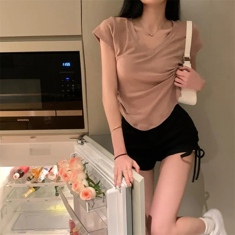 Irregular Casual High-Waisted Lycra Drawstring V-Neck Short Sleeve Tee