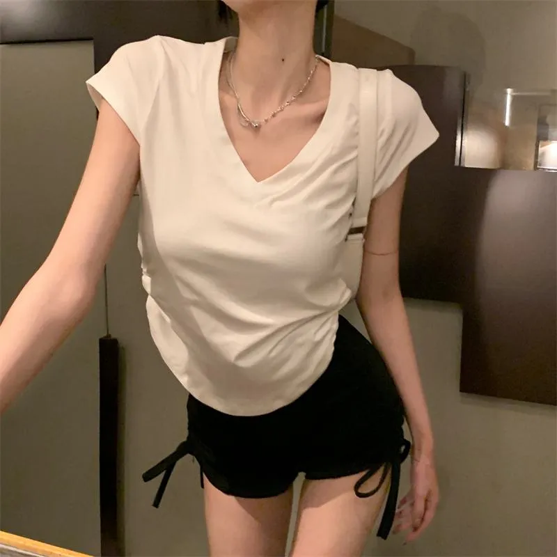 Irregular Casual High-Waisted Lycra Drawstring V-Neck Short Sleeve Tee