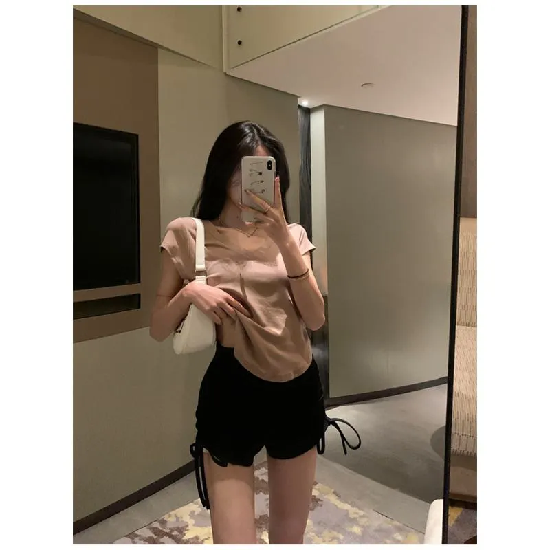 Irregular Casual High-Waisted Lycra Drawstring V-Neck Short Sleeve Tee