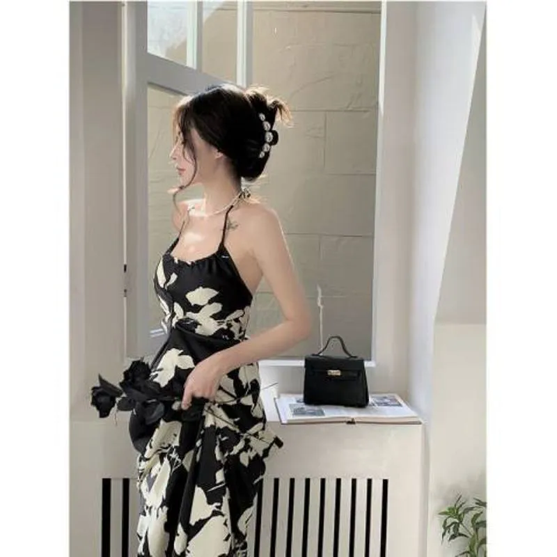 Midi Floral Print Cinched Waist Backless Classic A-Line Dress