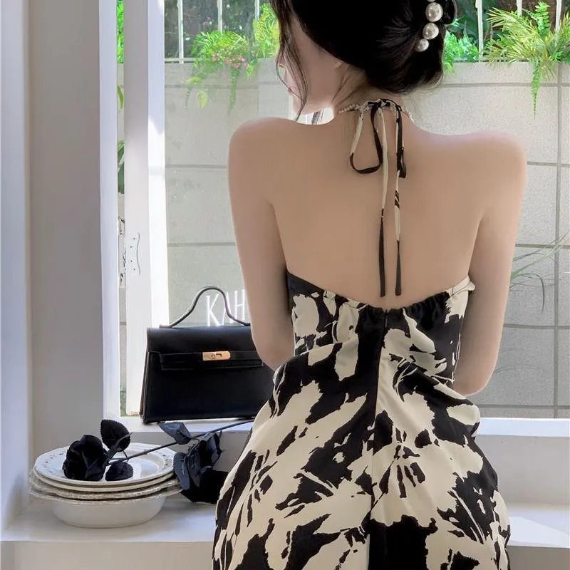 Midi Floral Print Cinched Waist Backless Classic A-Line Dress