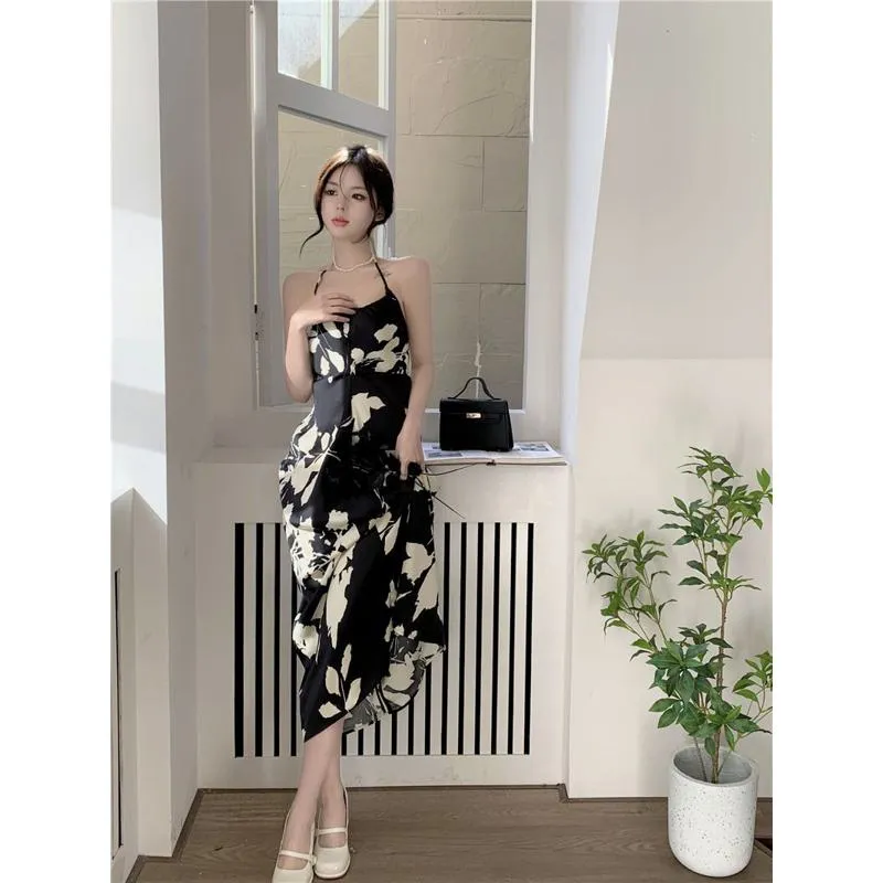 Midi Floral Print Cinched Waist Backless Classic A-Line Dress