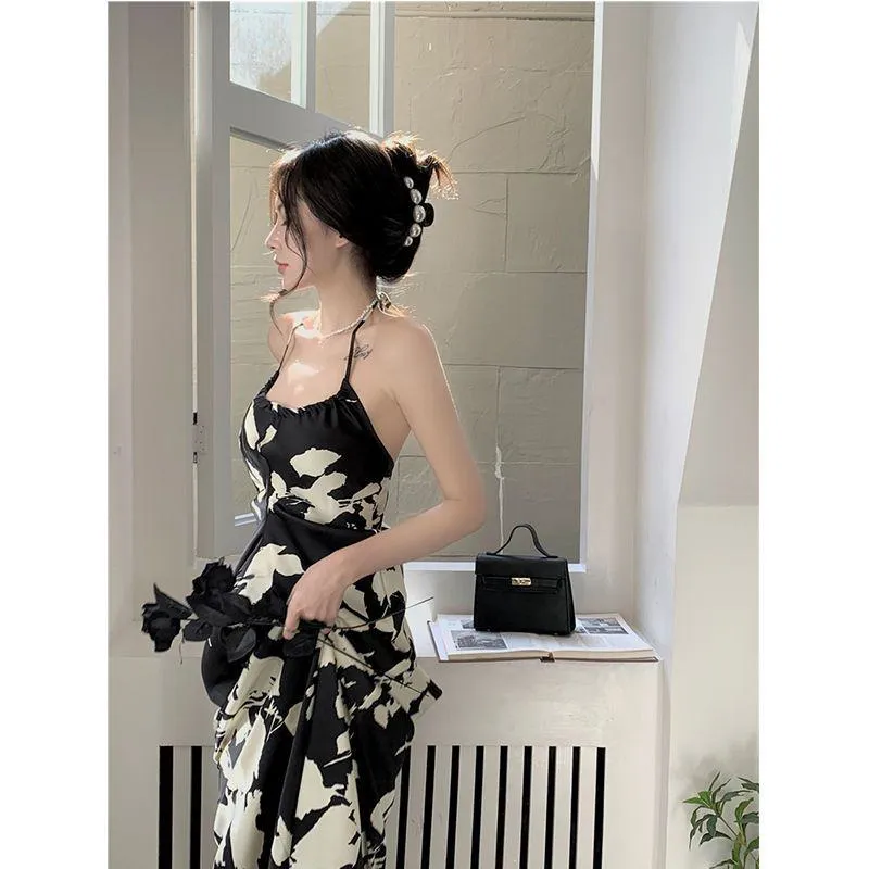 Midi Floral Print Cinched Waist Backless Classic A-Line Dress