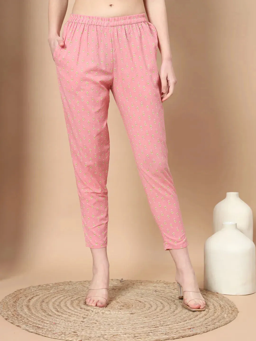 Pink Ethnic Motifs,Thread_Work Straight Kurta Trouser And Dupatta Set