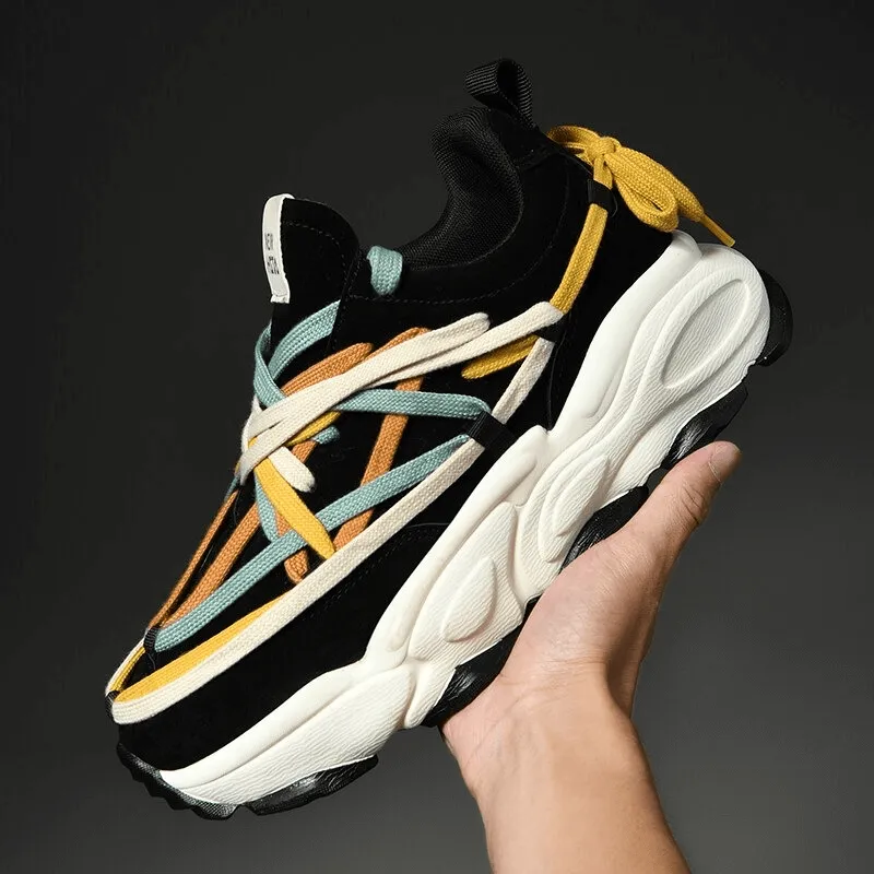 Running Thick Bottom Leather Sneakers with Different Colored Laces - SF0375