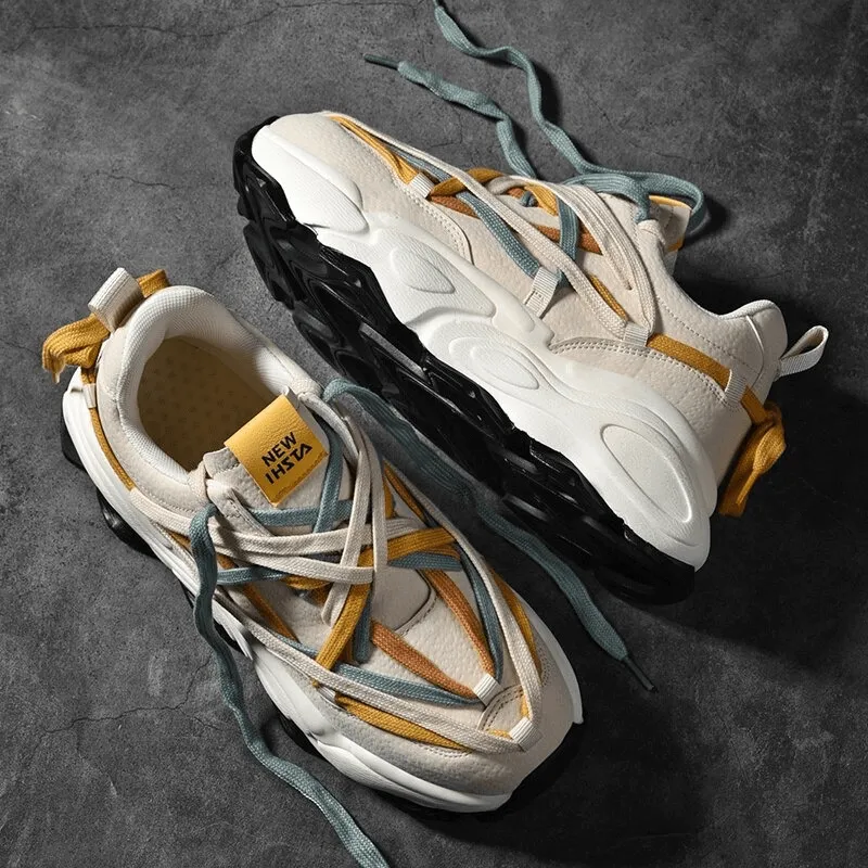 Running Thick Bottom Leather Sneakers with Different Colored Laces - SF0375