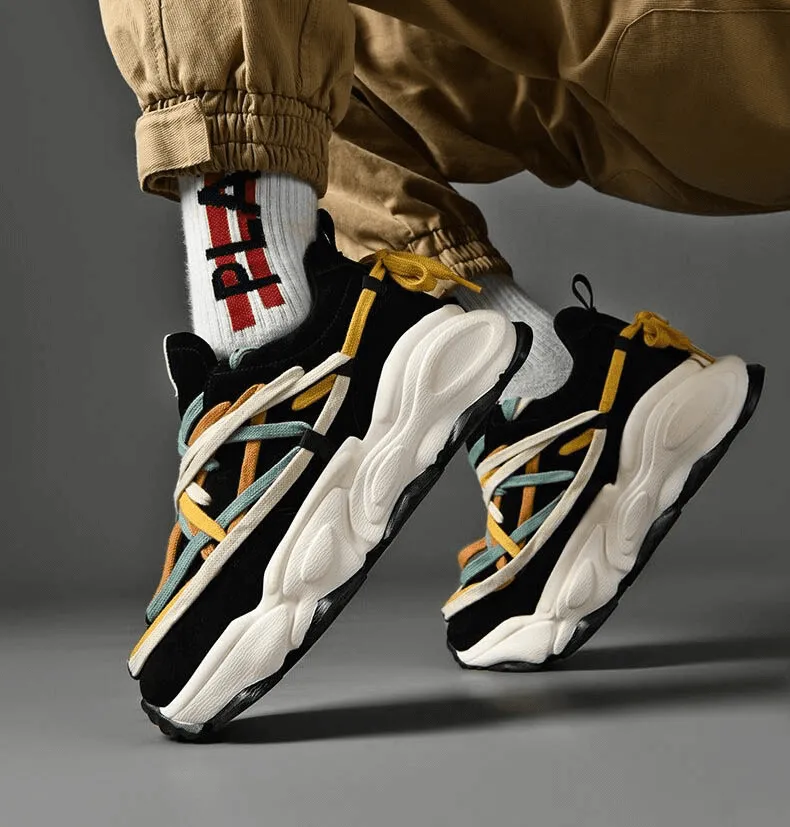 Running Thick Bottom Leather Sneakers with Different Colored Laces - SF0375