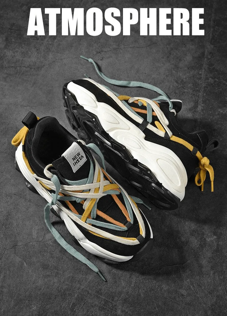 Running Thick Bottom Leather Sneakers with Different Colored Laces - SF0375