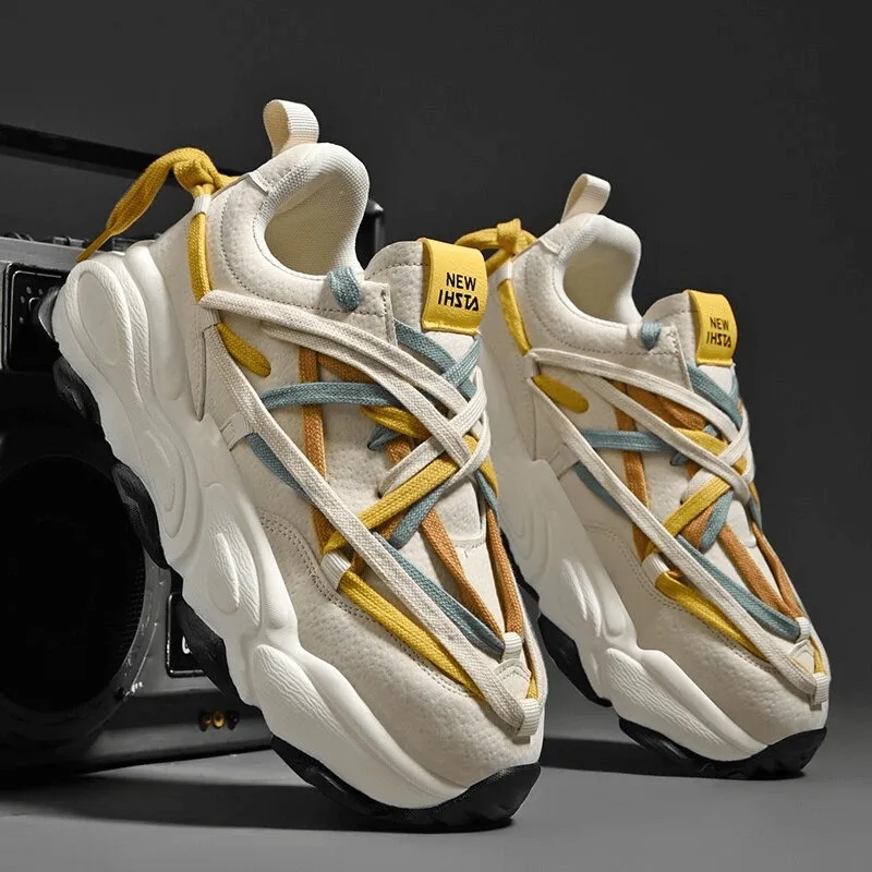 Running Thick Bottom Leather Sneakers with Different Colored Laces - SF0375