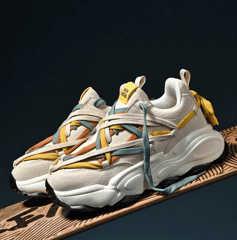 Running Thick Bottom Leather Sneakers with Different Colored Laces - SF0375