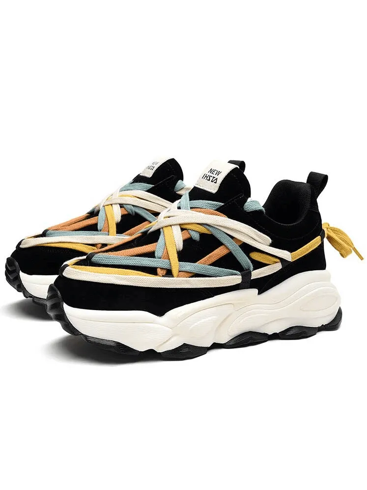 Running Thick Bottom Leather Sneakers with Different Colored Laces - SF0375