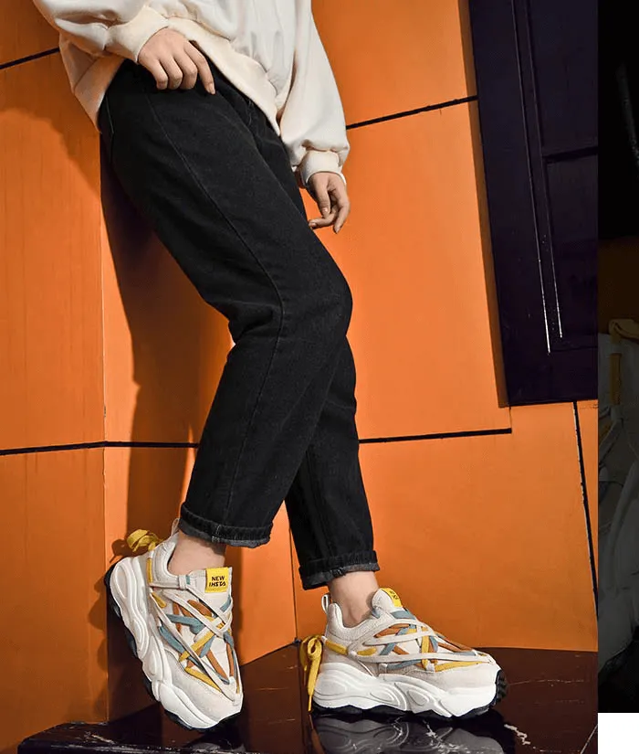 Running Thick Bottom Leather Sneakers with Different Colored Laces - SF0375