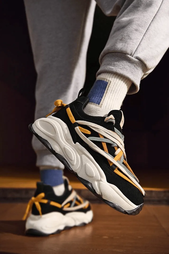 Running Thick Bottom Leather Sneakers with Different Colored Laces - SF0375