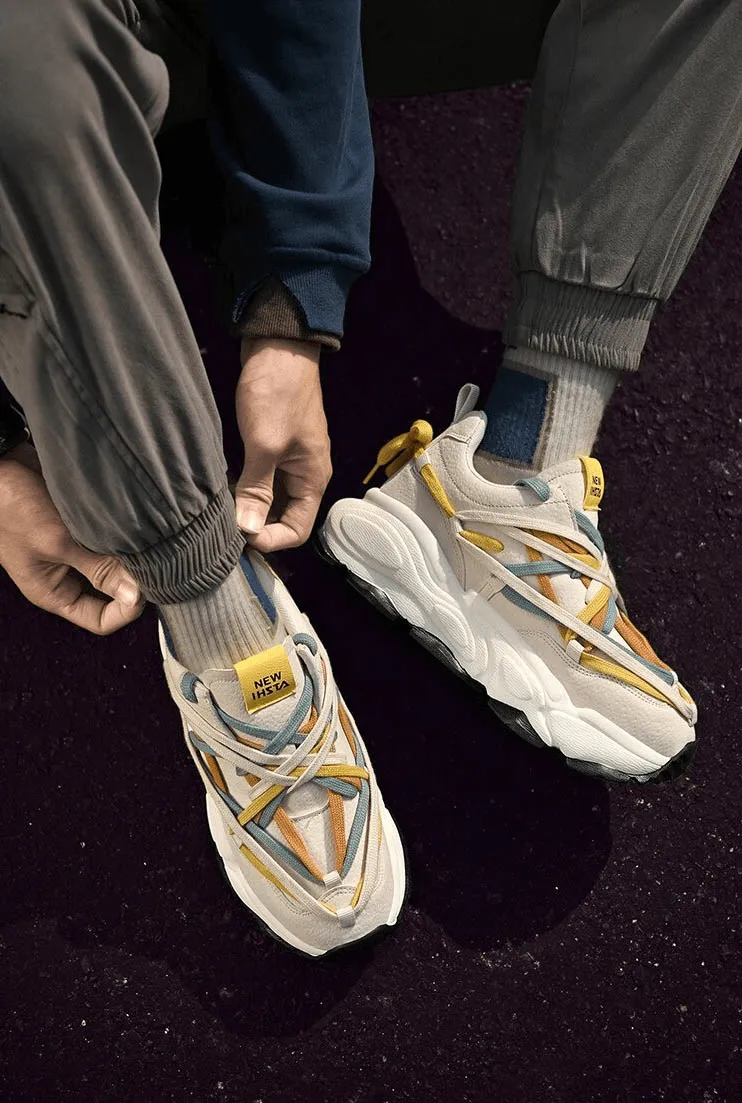 Running Thick Bottom Leather Sneakers with Different Colored Laces - SF0375