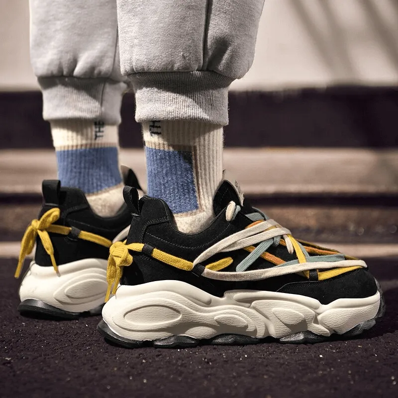 Running Thick Bottom Leather Sneakers with Different Colored Laces - SF0375