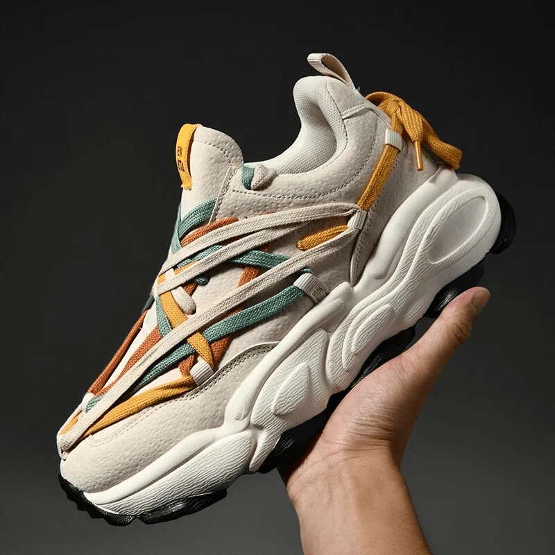 Running Thick Bottom Leather Sneakers with Different Colored Laces - SF0375