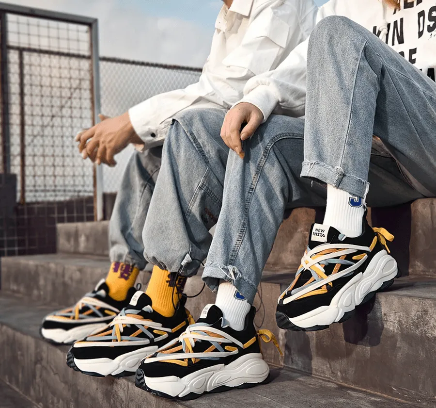 Running Thick Bottom Leather Sneakers with Different Colored Laces - SF0375