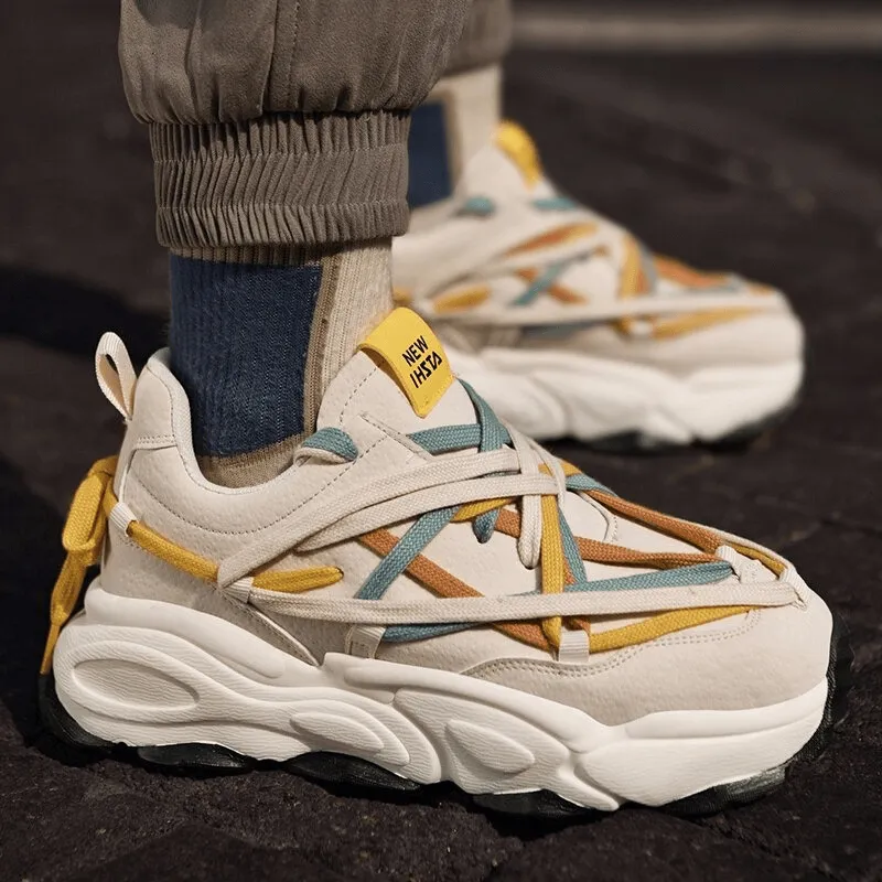 Running Thick Bottom Leather Sneakers with Different Colored Laces - SF0375